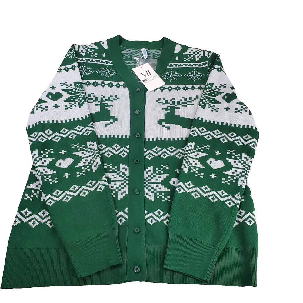 VIIShow Reindeer Holiday Sweater Women's XL Green & White Christmas Stylish New